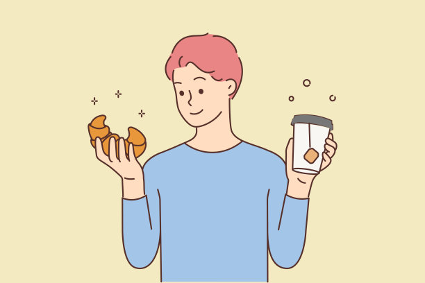 带着外卖羊角面包和茶的微笑男人图片下载