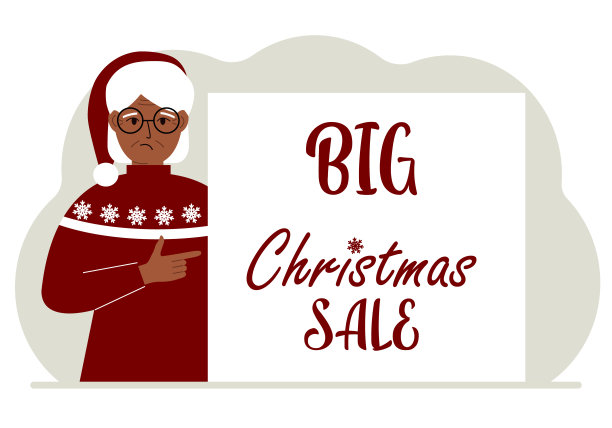 一个戴着圣诞帽、穿着难看毛衣的女人站在圣诞大甩卖海报旁边。圣诞节市场。图片下载