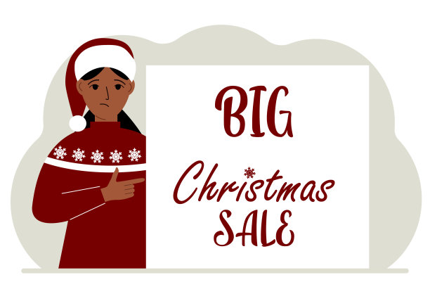 一个戴着圣诞帽、穿着难看毛衣的女人站在圣诞大甩卖海报旁边。圣诞节市场。图片下载