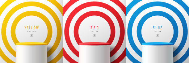 套径向圆黄、红、蓝、白背景与白色圆柱站讲台。最小的墙壁场景模型产品展示。抽象矢量几何图形设计。圆形舞台橱窗。图片下载