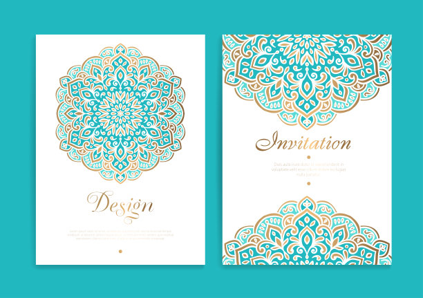 绿松石和黄金的豪华邀请卡设计与矢量装饰图案。的模板。可用于背景和墙纸。优雅经典的矢量元素非常适合装饰。图片下载