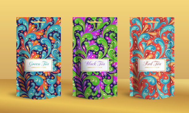茶叶包装设计与拉链袋袋模型。向量装饰模板。优雅、经典的元素。非常适合食品，饮料和其他包装类型。可用于背景和墙纸。图片下载