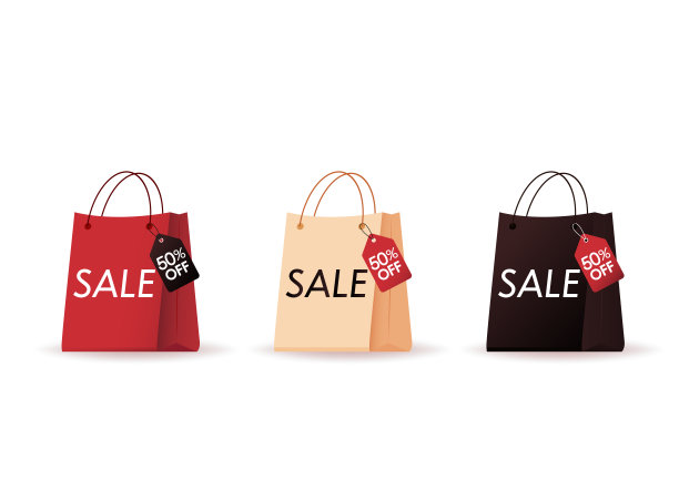 红色购物袋打折。纸袋矢量。销售标签。价格标签。图片下载