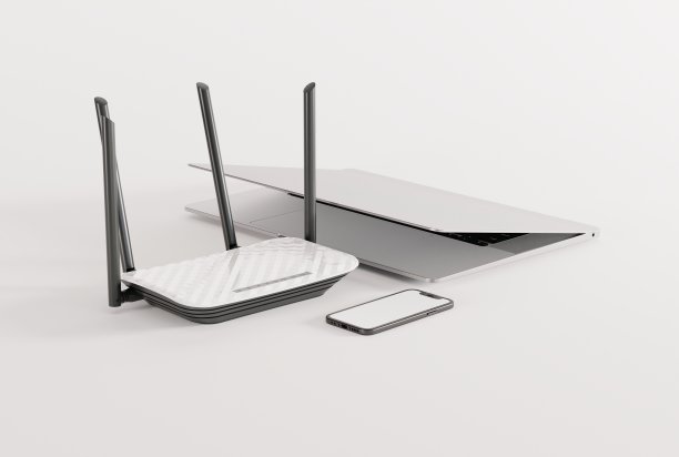 互联网路由器，笔记本电脑和手机在浅背景。图片下载
