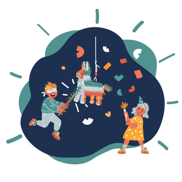 卡通矢量插图皮纳塔打小男孩和女孩的聚会。小男孩和小女孩谈墨西哥的传统活动。快乐人物儿童图片下载