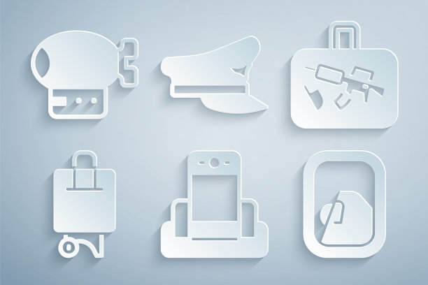 设置金属探测器在机场，手提箱，飞机窗口，飞行员帽子和飞艇图标。向量图片下载