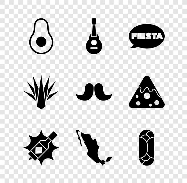 设置鳄梨水果，墨西哥吉他，节日，塔巴斯科酱汁，墨西哥地图，墨西哥卷饼，龙舌兰和胡子图标。向量图片下载