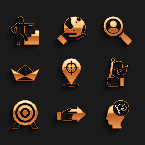 设定目标，手与指向的手指，持有旗帜，折叠纸船，放大镜搜索和楼梯完成图标。向量图片下载