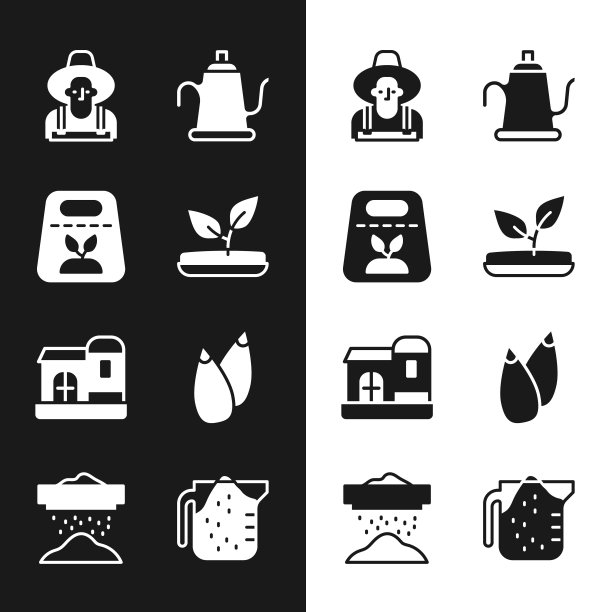 设置芽，植物的种子，农民在帽子，浇水罐，房子，种子，测量杯和筛面粉图标。向量图片下载