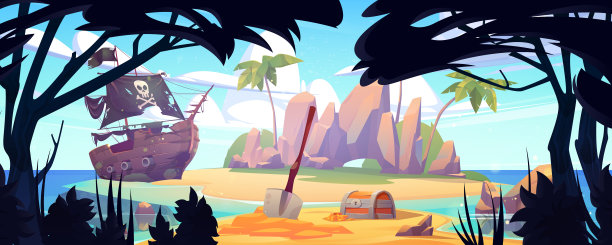 海盗船停泊在岛上与宝藏箱图片下载