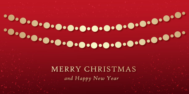 红色圣诞和新年快乐贺卡，挂圣诞珠花环，金色装饰元素为狂欢节或庆祝卡，矢量插画图片下载