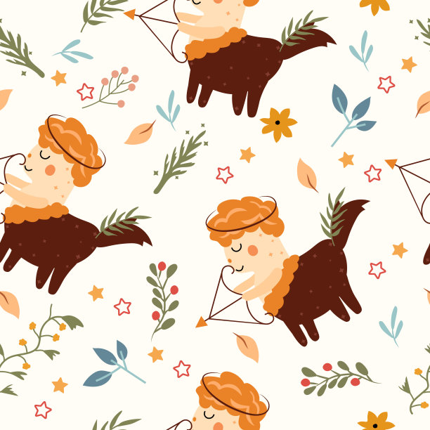 天衣无缝的图案与射手座，彩色的花朵，树叶和星星。占星学上的射手座明亮的星象图案可作为纺织品、织物、墙纸、旗帜等矢量。图片下载