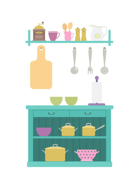 普罗旺斯风格的蓝色橱柜，配有锅和厨房用具图片下载