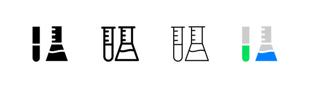 试管设置图标。装有液体或化学试剂的玻璃和试管。化学元素。实验室的概念。白色背景上不同风格的四个矢量图标图片下载