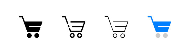 购物车设置图标。从购物车中删除项目，折扣，百分号，保护，安全运输。顺序的概念。白色背景上不同风格的四个矢量图标图片下载