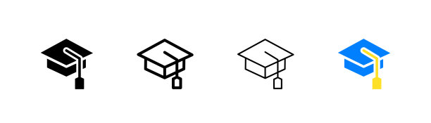 学位帽图标集：电脑、课本、电子书、网络、全球、居家、学生、耳机、笔记本电脑，学习概念，白色背景上的四种不同矢量图标图片下载