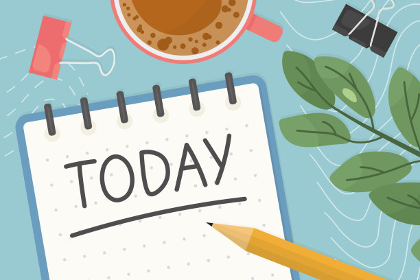 今天写在笔记本上，用咖啡杯，铅笔，办公夹和绿色植物俯视构图图片下载