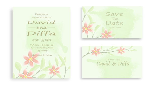 简单而优雅的婚礼请柬与水彩元素看起来如此美丽图片下载