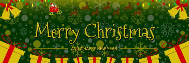 圣诞快乐和新年快乐的横幅，绿色的背景雪花，悬挂的灯和铃，许多礼物和圣诞老人与他的七只驯鹿在他的雪橇上飞行的图标图片下载