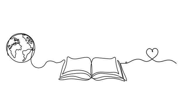 抽象打开的书，心作为线画在白色的背景图片下载
