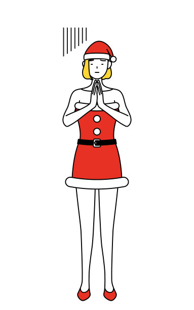 简单的线条插画，一个女人打扮成圣诞老人道歉，她的手在她的身体前面。图片下载