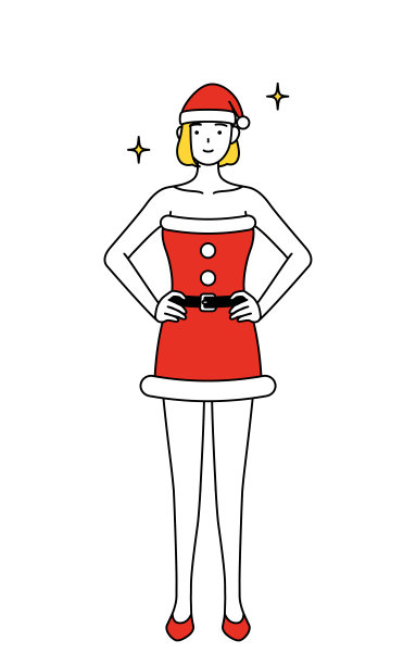 简单的线条插画，一个女人打扮成圣诞老人，她的手放在她的臀部。图片下载