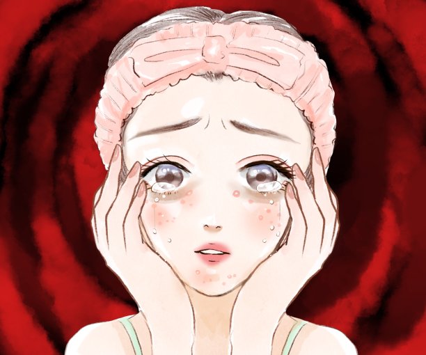 彩色卡通插图的上半身少女绝望的红色脓疱图片下载
