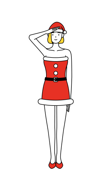 简单的线条插画，一个女人打扮成圣诞老人做敬礼。图片下载