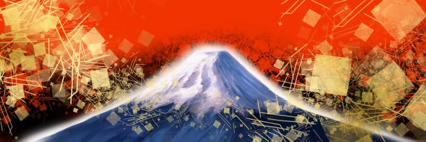 风景插画美丽的日本富士山闪耀在新年大尺寸插画和分散的日本风格金箔。图片下载