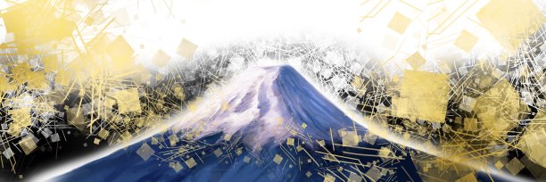 风景插画美丽的日本富士山闪耀在新年大尺寸插画和分散的日本风格金箔。图片下载