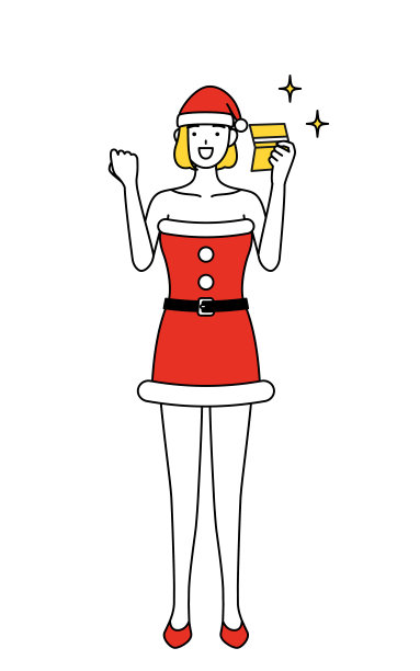 简单的线条插画，一个女人打扮成圣诞老人谁是高兴地看到存折。图片下载