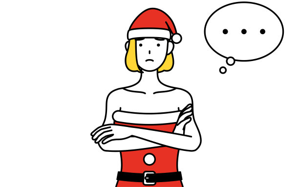 简单的线条插画，一个女人打扮成圣诞老人，双臂交叉，思考。图片下载