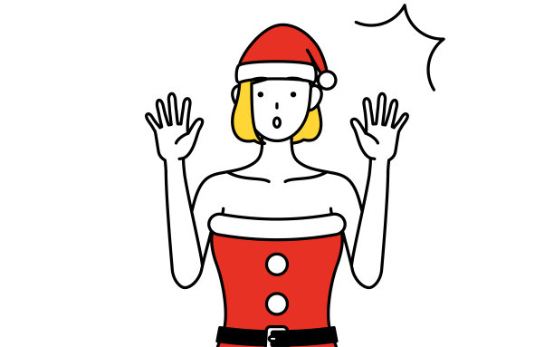 简单的线条插画，一个女人打扮成圣诞老人举起她的手惊讶。图片下载