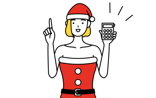 简单的线条插画，一个女人打扮成圣诞老人拿着一个计算器和指向。图片下载