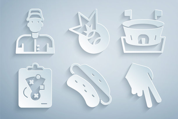 设置热狗三明治，棒球场，规划策略，手套，球员图标。向量图片下载