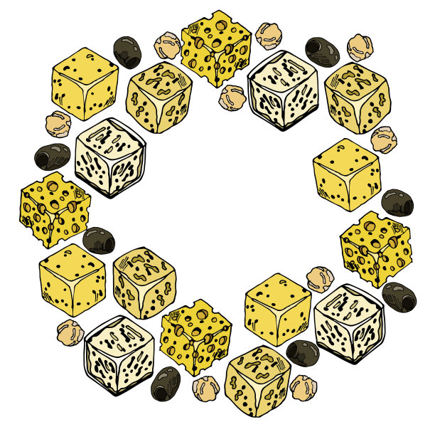 用奶酪块做成的圆框。坚果，橄榄，四种奶酪，可以用了。为您的设计图片下载