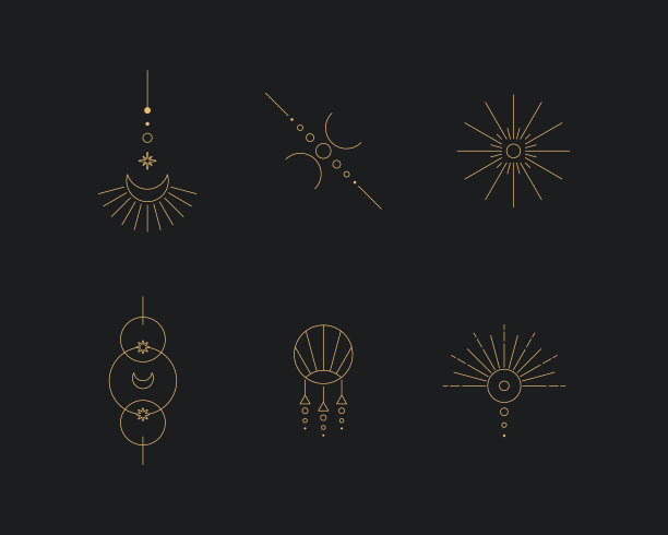 一套月亮和太阳线艺术。天上的神秘元素。图片下载