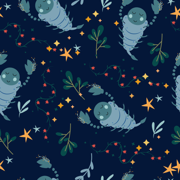天蝎座的无缝图案，五颜六色的花朵，树叶和星星。占星术:天蝎座。明亮的星象图案可作为纺织品、织物、墙纸、横幅等。向量图片下载
