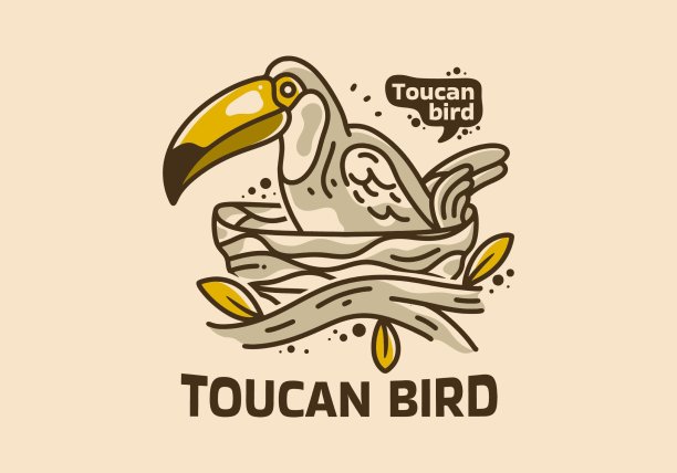 一只巨嘴鸟在巢中的复古艺术插画图片下载