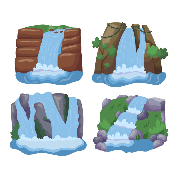 一组瀑布，河流喷气从孤立的白色背景的山崖坠落。水溪旅游景点图片下载