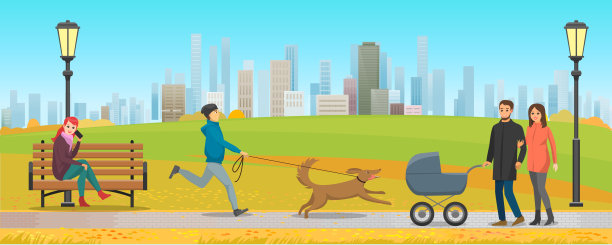 以现代建筑和摩天大楼为背景的城市公园。城市景观中的自然与建筑图片下载