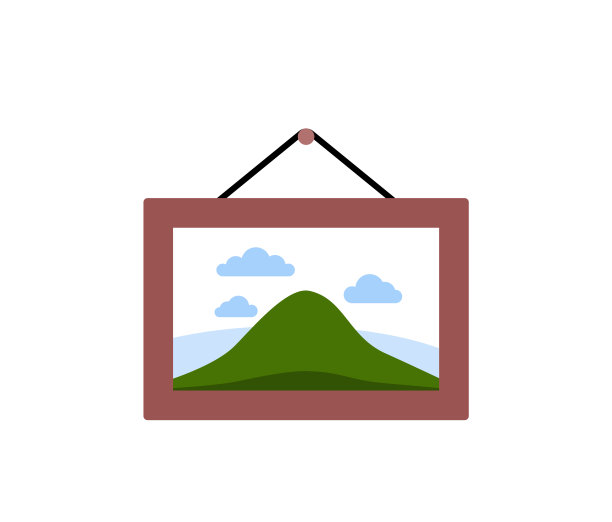 画在木框挂在墙上，图标在平面风格的艺术对象孤立在白色背景图片下载