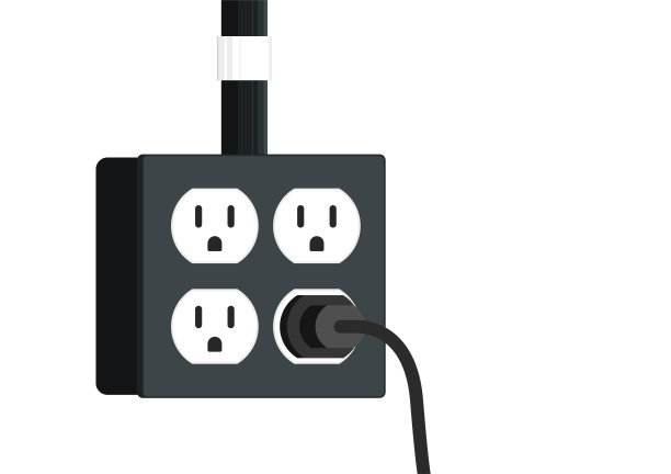 黑色电源线矢量。黑色电源线电缆插入白墙插座上的白墙与复制空间。图片下载