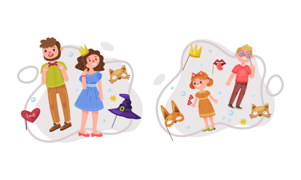 快乐的人们带着有趣的狂欢节面具。成人和孩子在嘉年华照相亭派对卡通矢量插画有乐趣图片下载