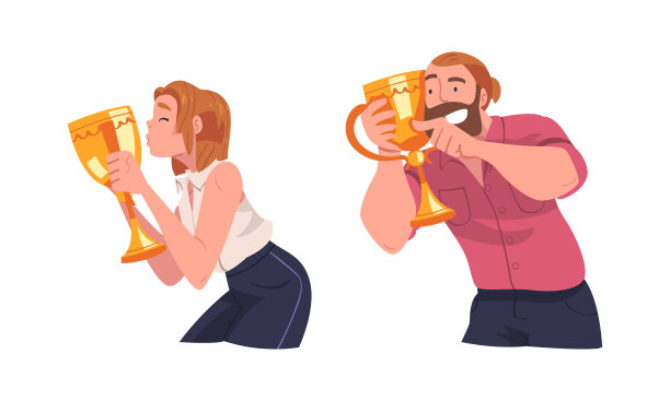 快乐的获胜者手持奖杯金杯套装。成功人士qith奖励卡通矢量插画图片下载