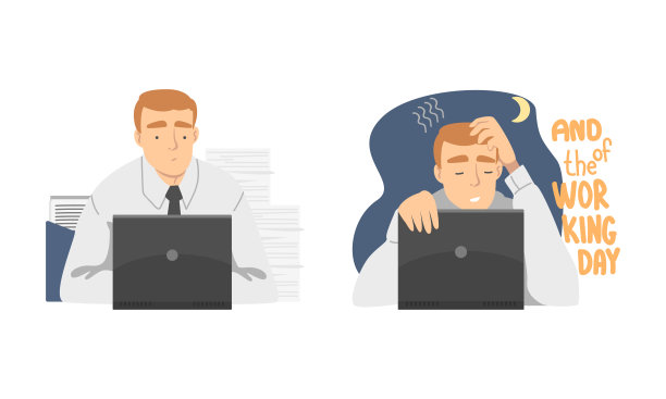 年轻人的日常安排。在办公室电脑前工作的商人卡通矢量插图图片下载