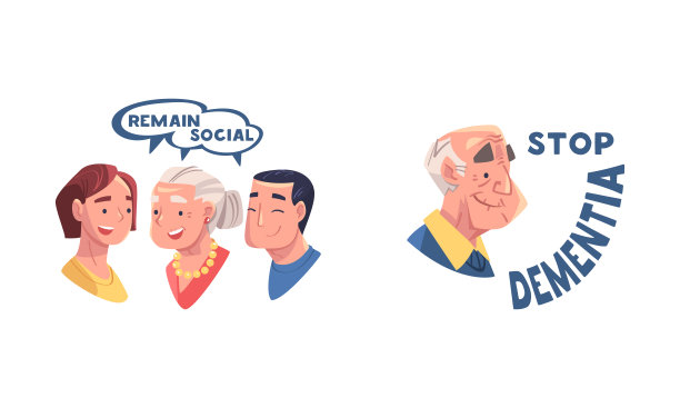 停止痴呆疾病预防提示集。保持社会卡通矢量插画图片下载