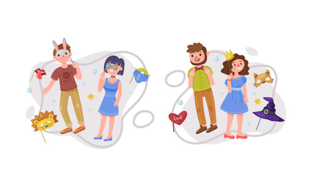 快乐的人们带着有趣的狂欢节面具。快乐的男孩和女孩庆祝节日卡通矢量插画图片下载