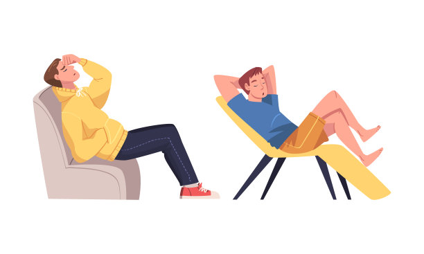 一群疲倦困倦的人。筋疲力尽的年轻人坐在扶手椅上卡通矢量插图图片下载
