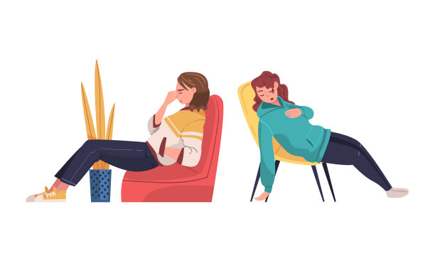 一群疲倦困倦的人。筋疲力尽的妇女坐在扶手椅卡通矢量插图图片下载